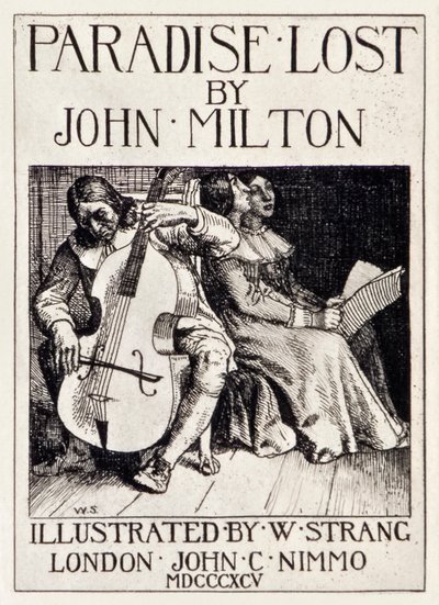 Pagina del titolo da Il paradiso perduto di John Milton (1608-1674) una serie di 12 illustrazioni incise da William Strang (1859-1921) che mostra Milton che suona il violoncello per le sue figlie da William Strang